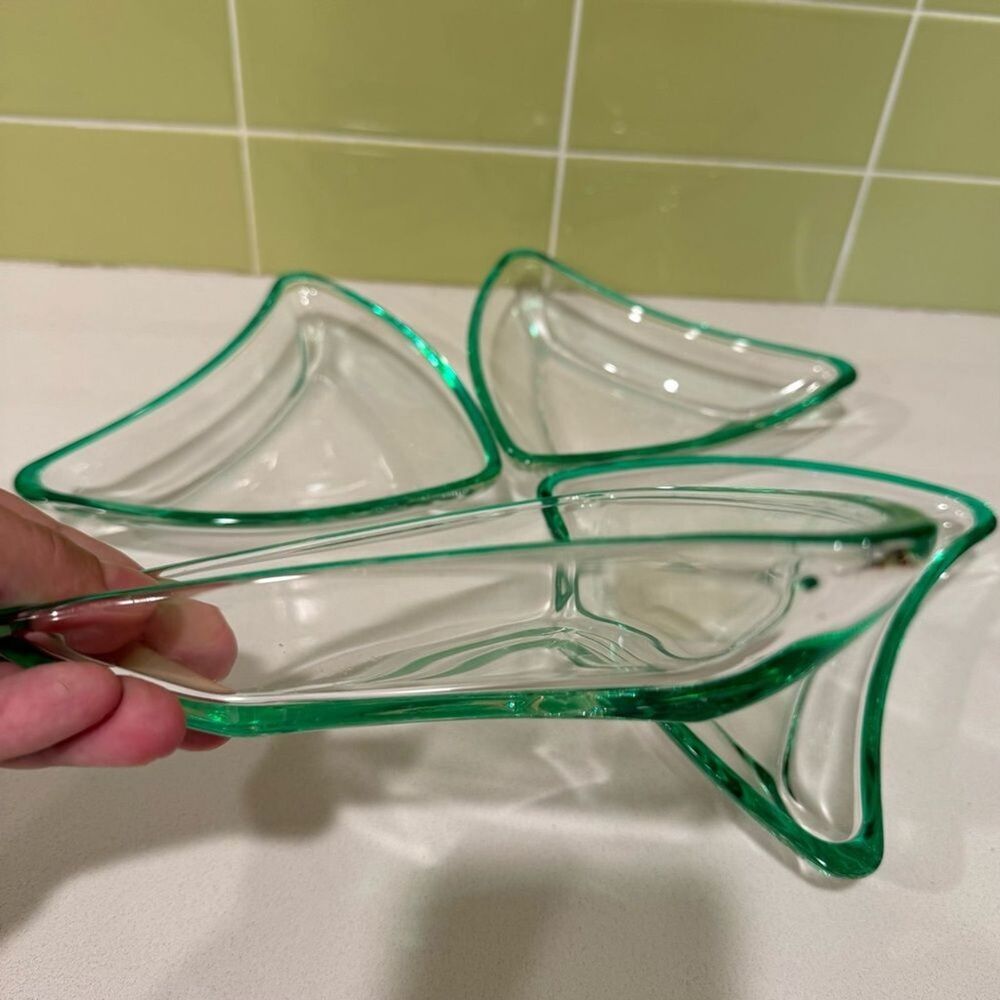 Vintage Green Flashed Edge Boomerang Glass Dishes — Set of 4 - Picture 4 of 9